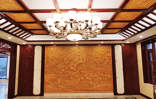连城中式别墅客厅中式木作横梁吊顶装饰展示